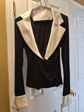White House Black Market Black Suit with Cream Satin Lapels